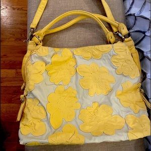 Lg yellow flowered w linen background bag w2 handles & shoulder strap
